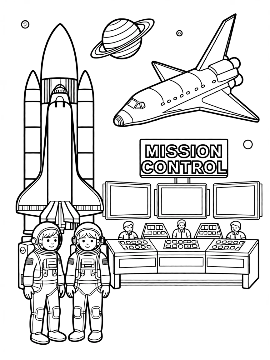 The Space Center in Houston with astronauts, rockets, planets, space shuttles, and mission control rooms with buttons and screens