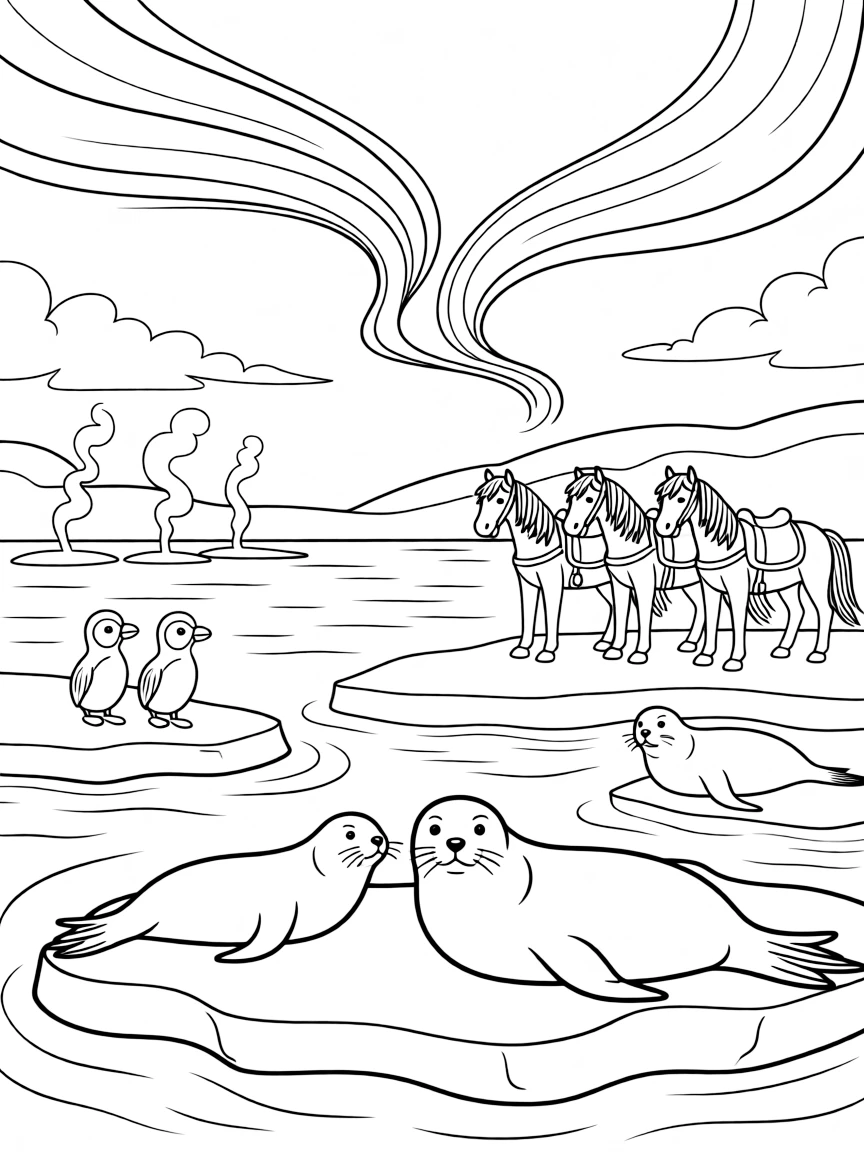 Jökulsárlón glacier lagoon in Iceland with seals on icebergs, northern lights, puffins, Icelandic horses, and geothermal springs