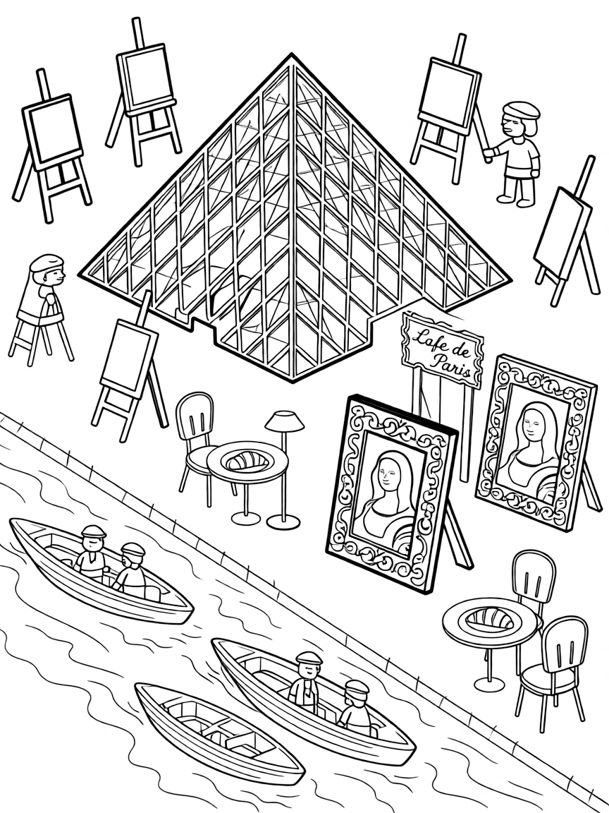 The Louvre Pyramid with art easels, French berets, Mona Lisa frames, Seine River boats, and Parisian café tables with croissants