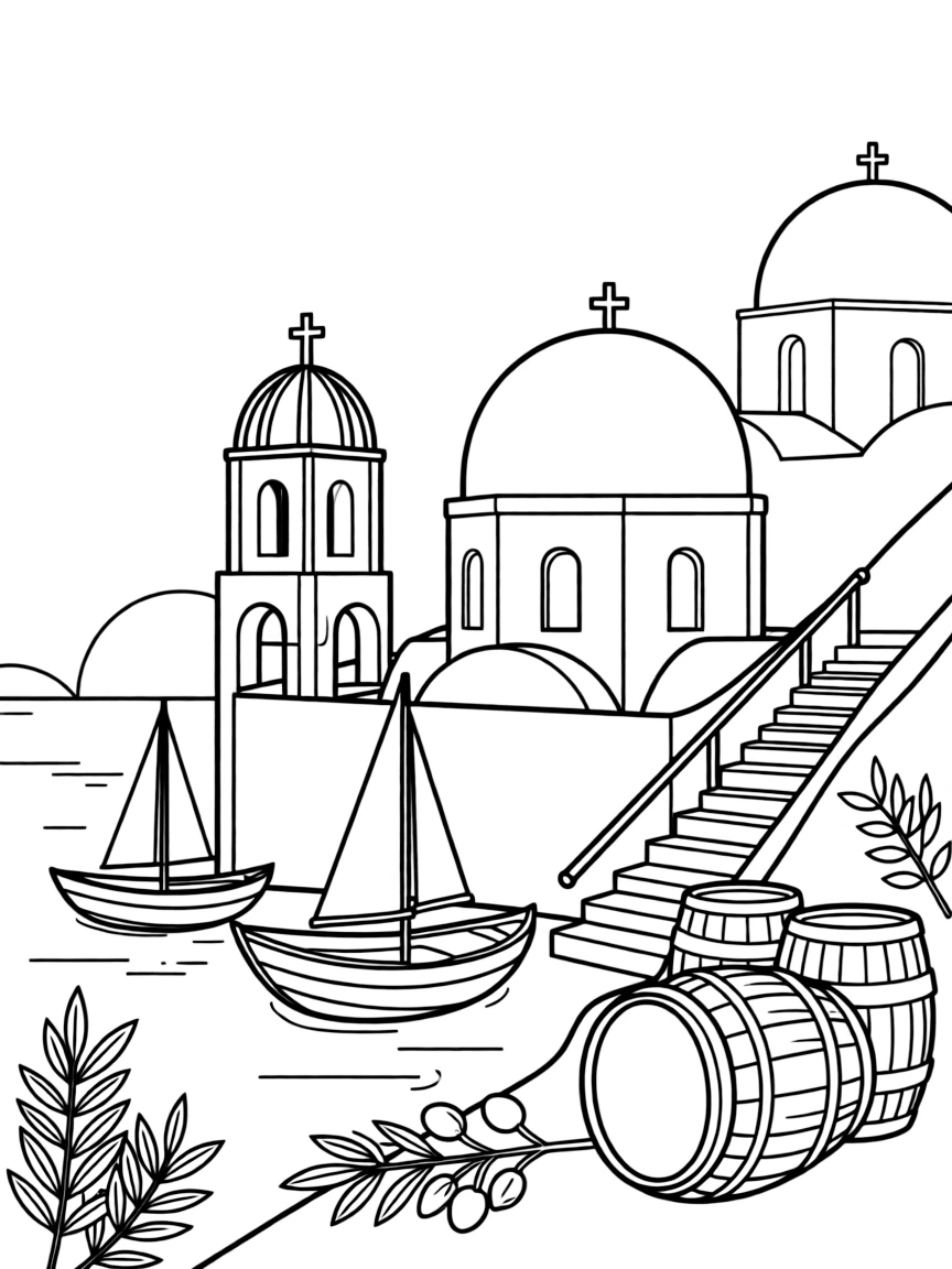 The Blue Domes of Santorini with Greek fishing boats, whitewashed stairs, wine barrels, Mediterranean olives, and sunset silhouettes