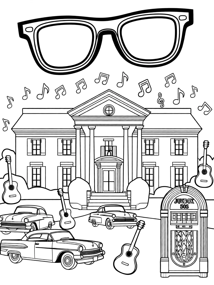 Graceland mansion with Elvis sunglasses, musical notes, vintage cars, guitars, and 1950s jukebox decorations