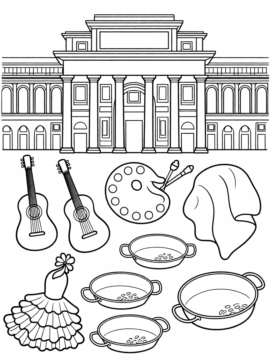 The Prado Museum in Madrid with Spanish guitars, flamenco dress ruffles, art palette and brushes, matador capes, and paella pans