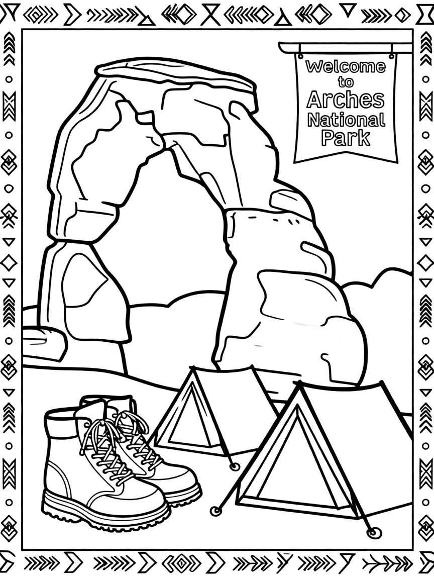 Arches National Park with desert landscapes, red rock formations, hiking boots, camping tents, and southwestern Native American designs