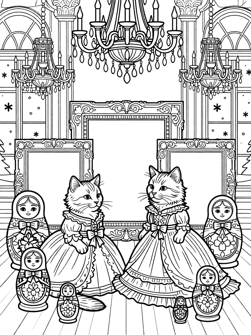 The Hermitage cats with Russian nesting dolls, ornate picture frames, palace chandeliers, snow scenes, and aristocratic ballgowns