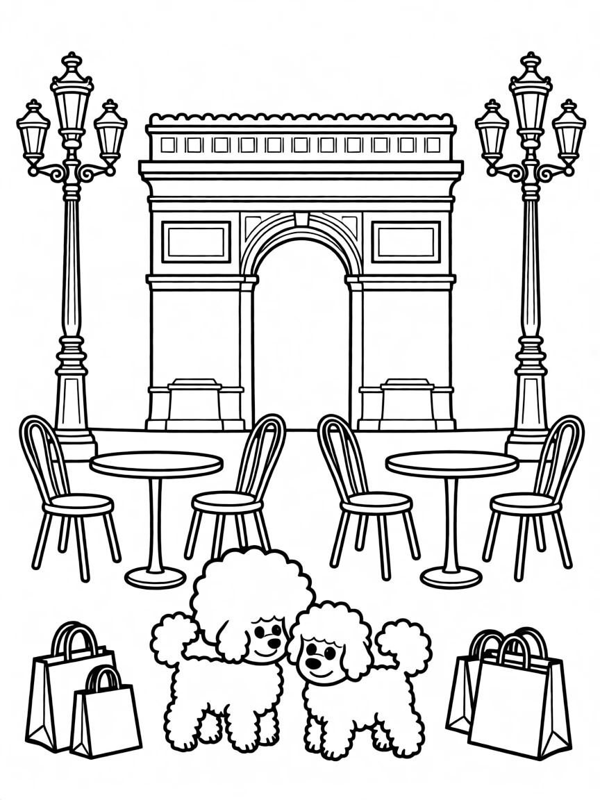Champs-Élysées with French poodles, café bistro tables, fashion shopping bags, Arc de Triomphe silhouette, and Parisian lamp posts