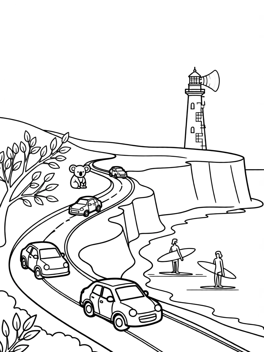The Great Ocean Road in Australia with surfer silhouettes, lighthouse beacons, koala bears, road trip cars, and coastal cliffs