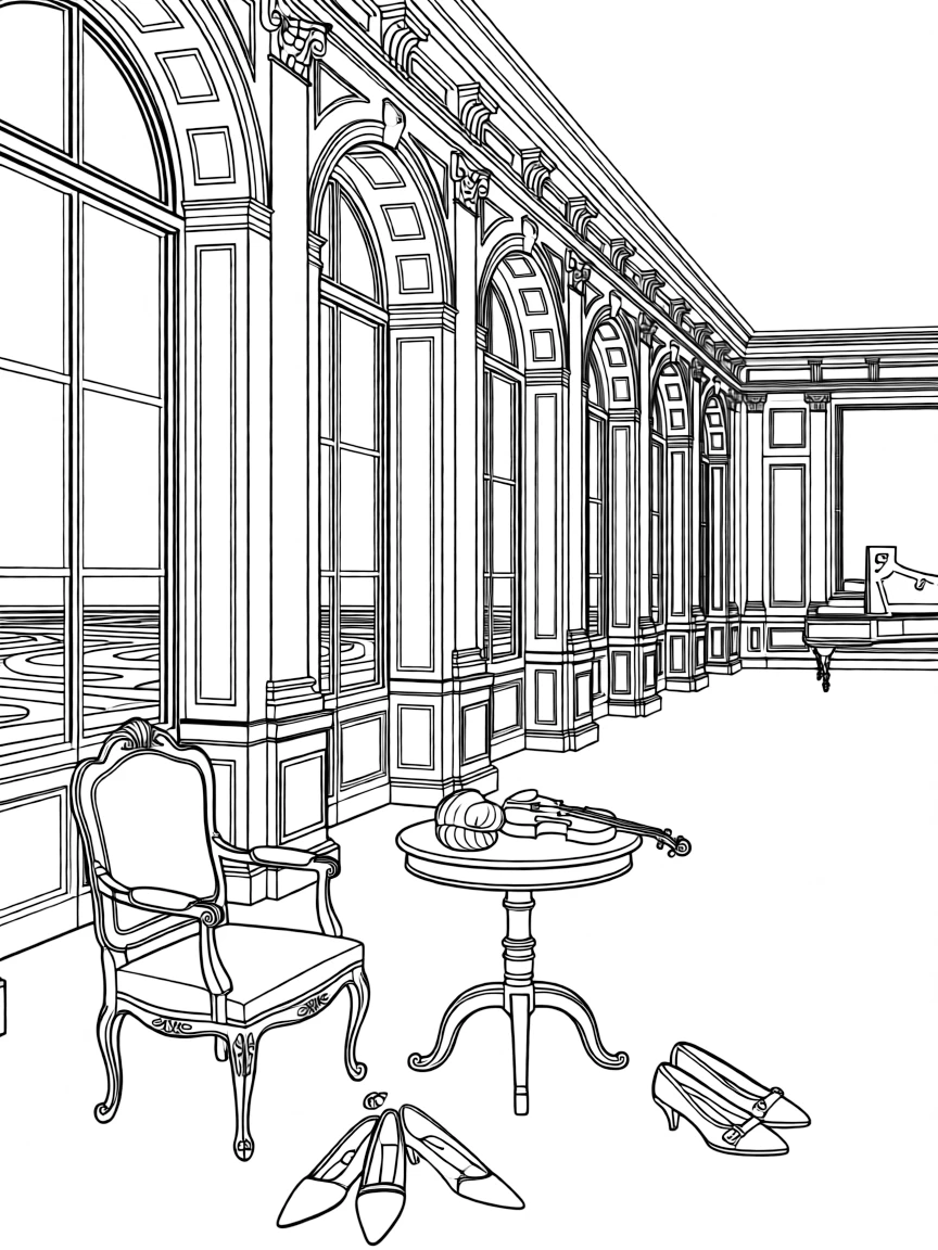 Versailles Hall of Mirrors with ornate French furniture, powdered wigs, fancy dress shoes, baroque music instruments, and garden mazes
