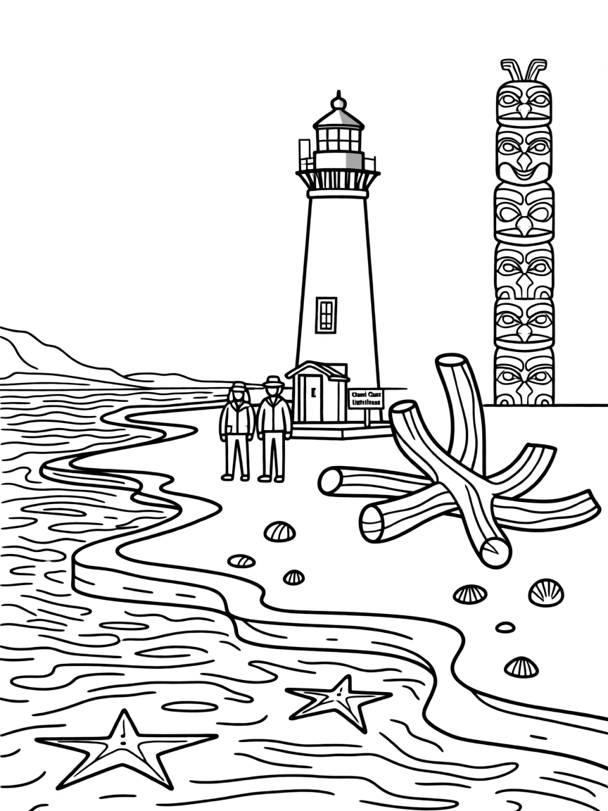 The Oregon Coast with tide pools, sea stars, lighthouse keepers, driftwood sculptures, and Pacific Northwest Native American totems