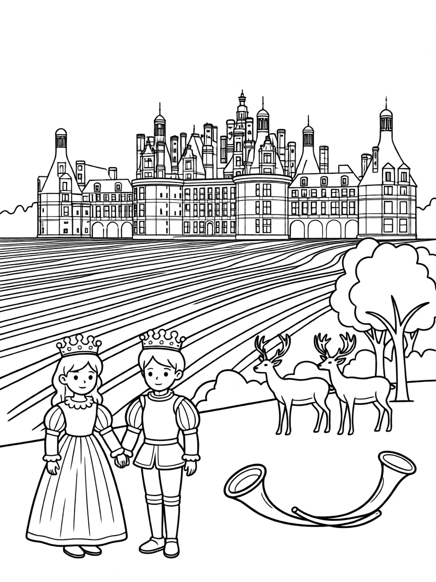 Château de Chambord with French hunting horns, royal crowns, deer in the forest, Renaissance costume elements, and Loire Valley vineyards