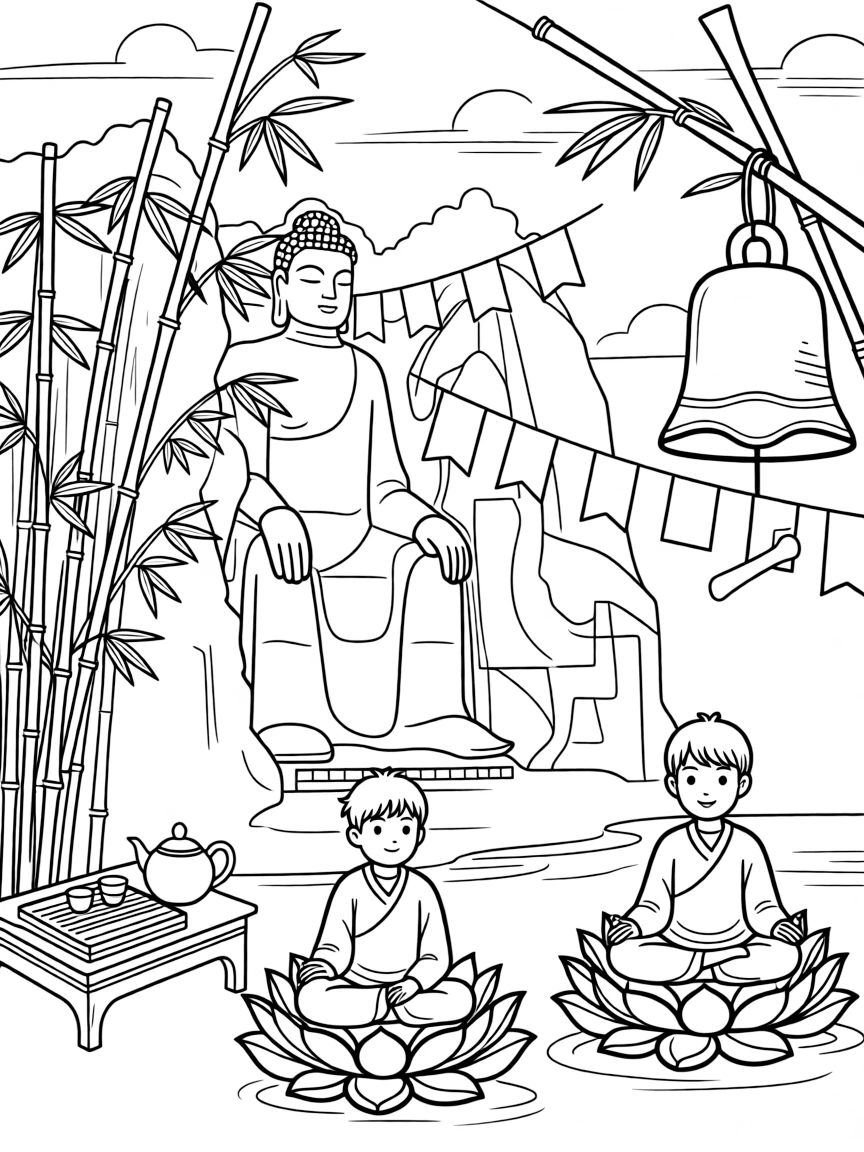The Giant Buddha of Leshan with Buddhist prayer flags, lotus meditation poses, Chinese tea ceremonies, bamboo groves, and temple bells