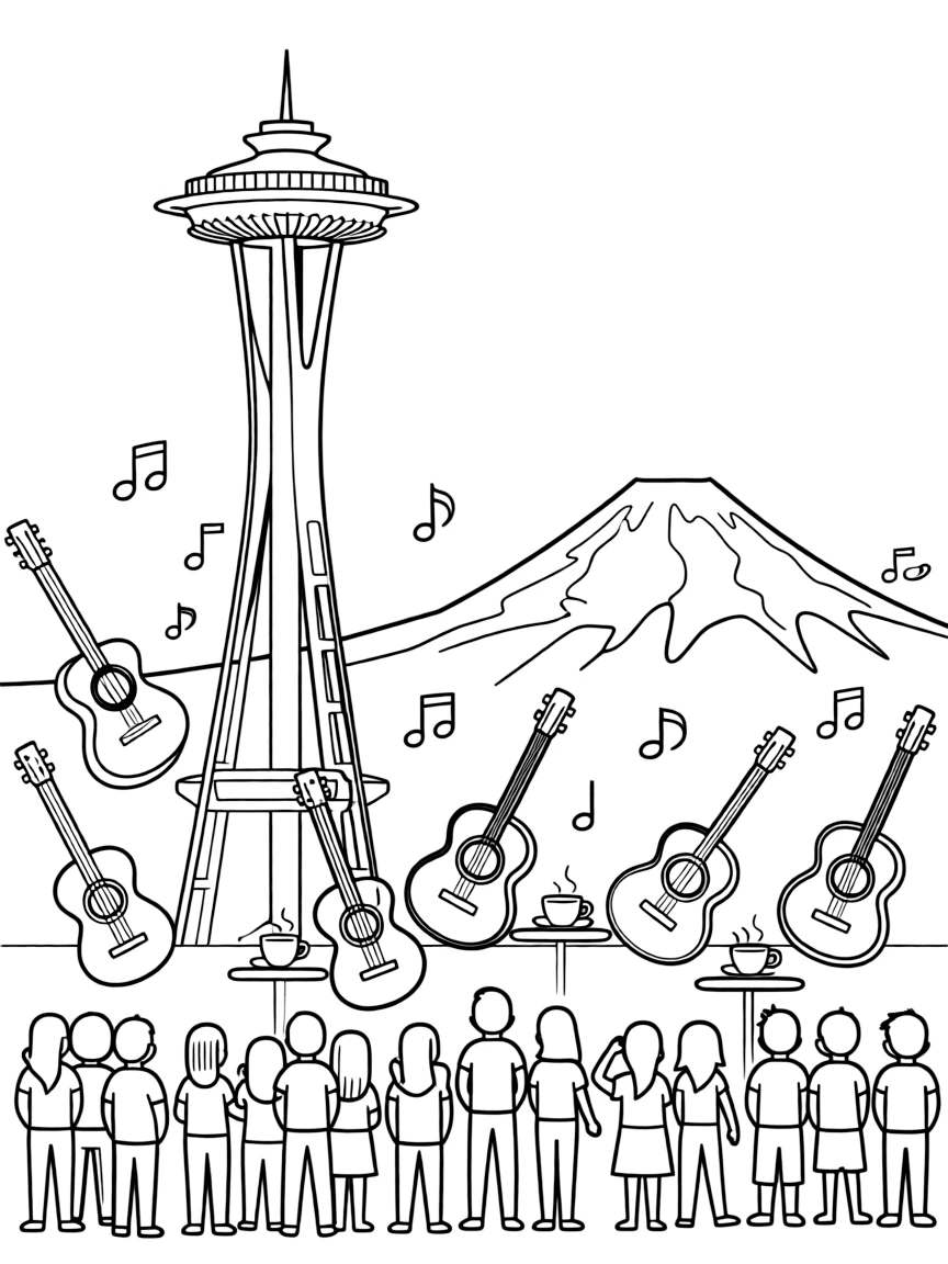 Space Needle during a music festival with guitars, musical notes, coffee cups, Mount Rainier backdrop, and concert crowd silhouettes