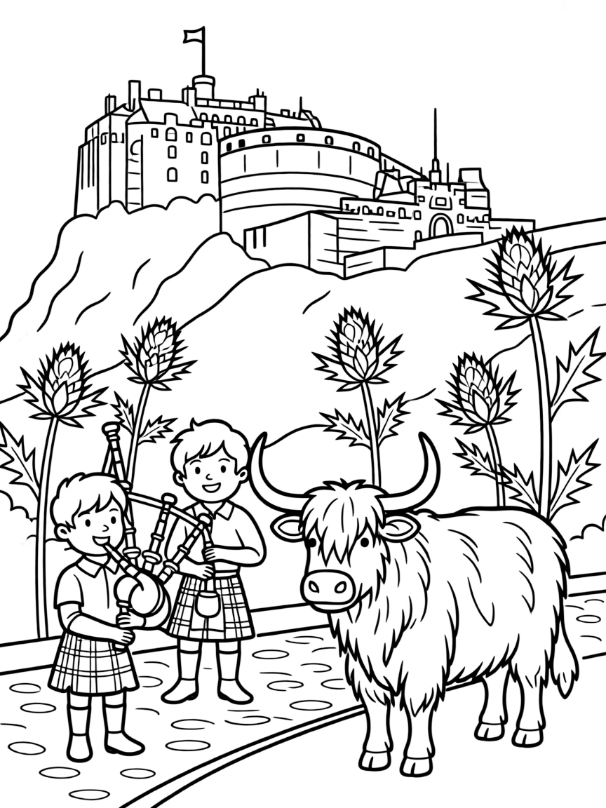 The Royal Mile in Edinburgh with Scottish kilts, bagpipes, Highland cattle, thistle flowers, and Edinburgh Castle on the hill