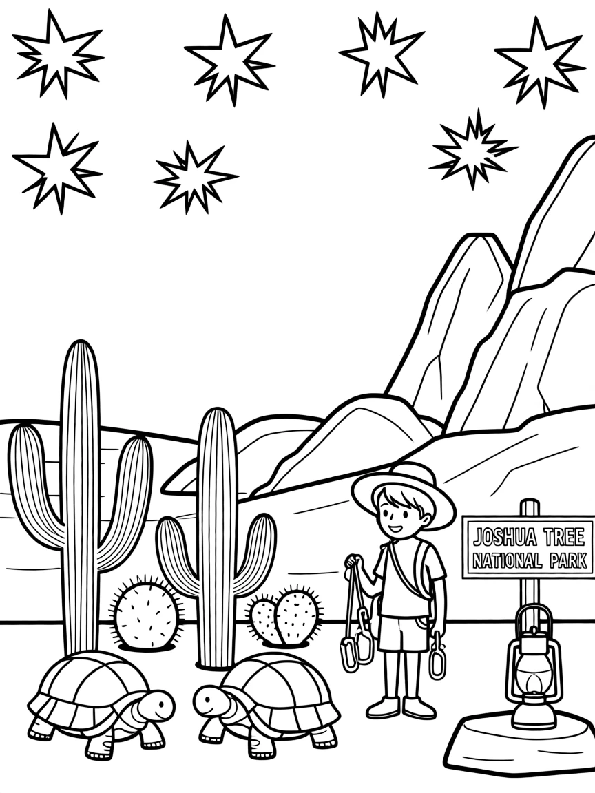 Joshua Tree National Park with desert tortoises, rock climbing gear, starry night skies, camping lanterns, and southwestern cacti