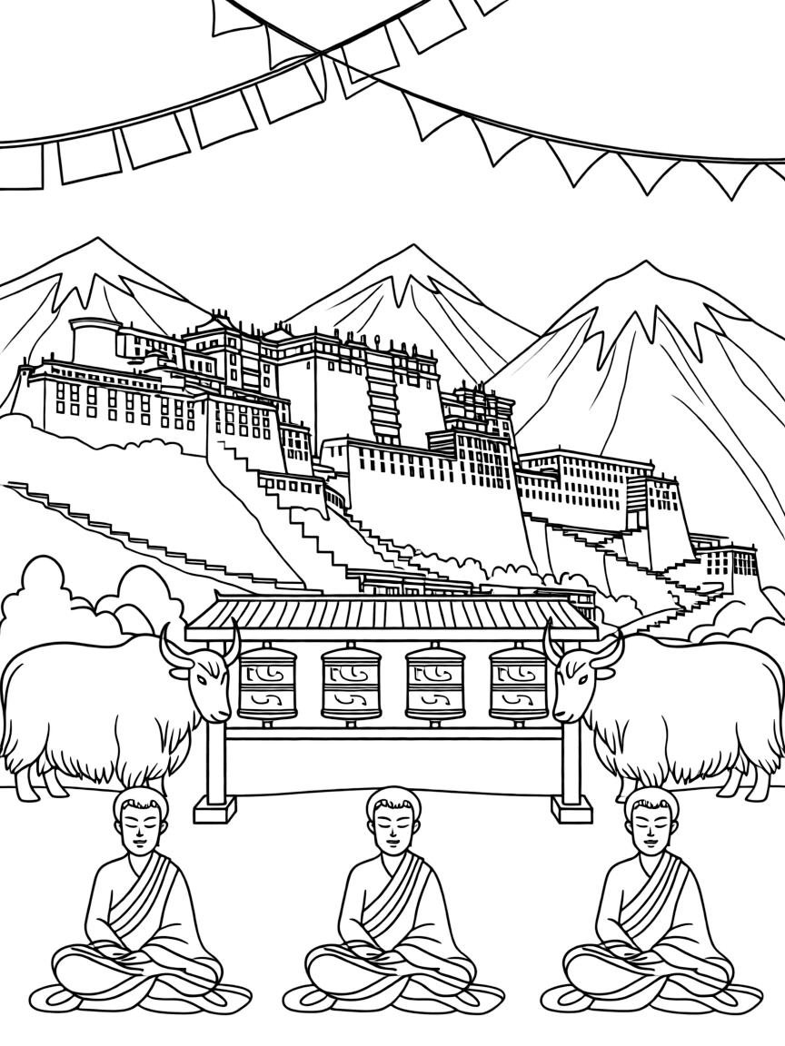 The Potala Palace in Tibet with prayer wheels, yaks, Himalayan peaks, Tibetan prayer flags, and Buddhist monks in meditation
