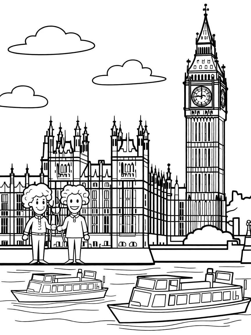 Westminster Palace with British parliamentary wigs, royal scepters, Thames riverboats, London fog, and Big Ben clock faces