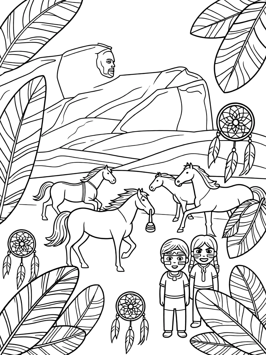 Crazy Horse Memorial with Native American feathers, dream catchers, wild horses, Black Hills landscape, and tribal war paint designs