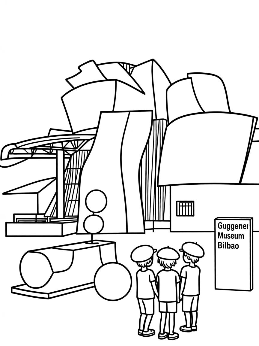 The Guggenheim Museum in Bilbao with modern art shapes, Basque berets, Spanish architectural curves, contemporary sculptures