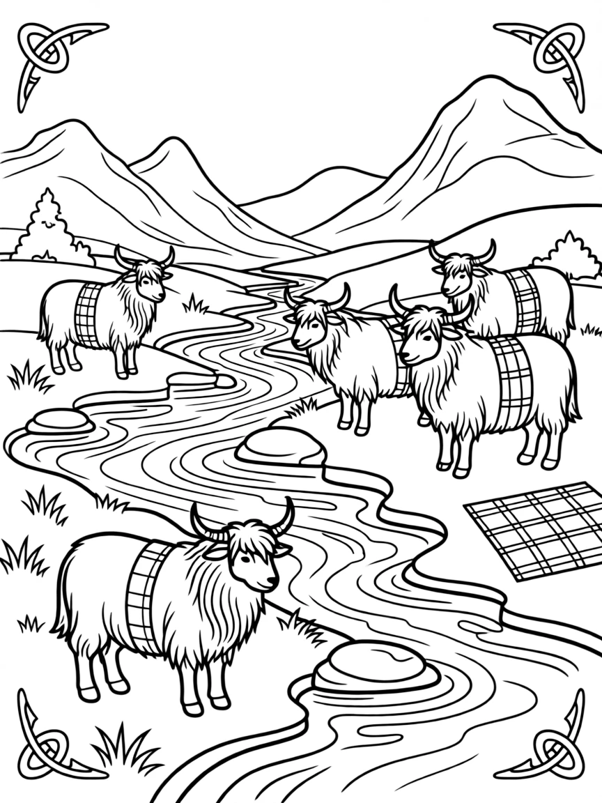 Fairy Pools on Isle of Skye with Scottish Highland sheep, Celtic knot patterns, Scottish tartan designs, and misty mountain landscapes