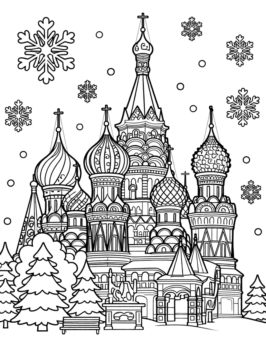 The Cathedral of Saint Basil with Russian onion domes, snow scenes, Orthodox crosses, Kremlin walls, and traditional Russian folk art