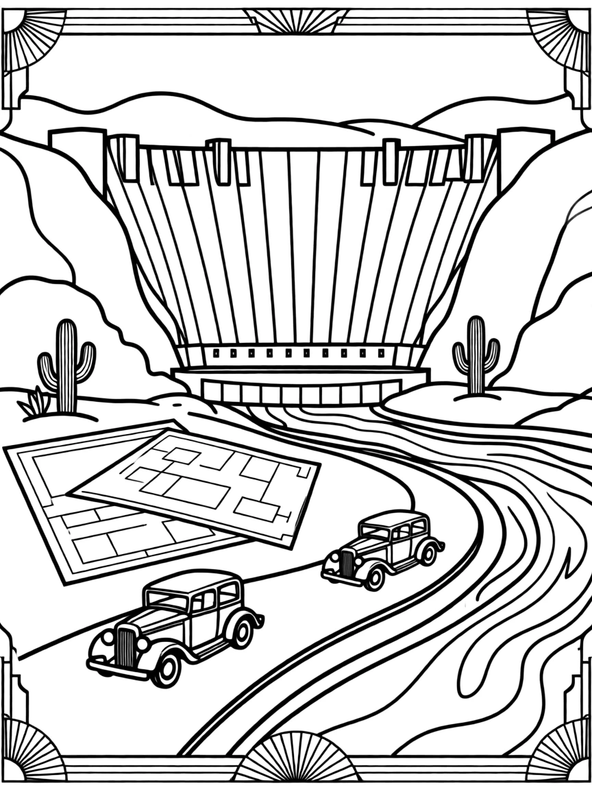 Hoover Dam with engineering blueprints, desert landscapes, Colorado River, vintage 1930s cars, and Art Deco design elements
