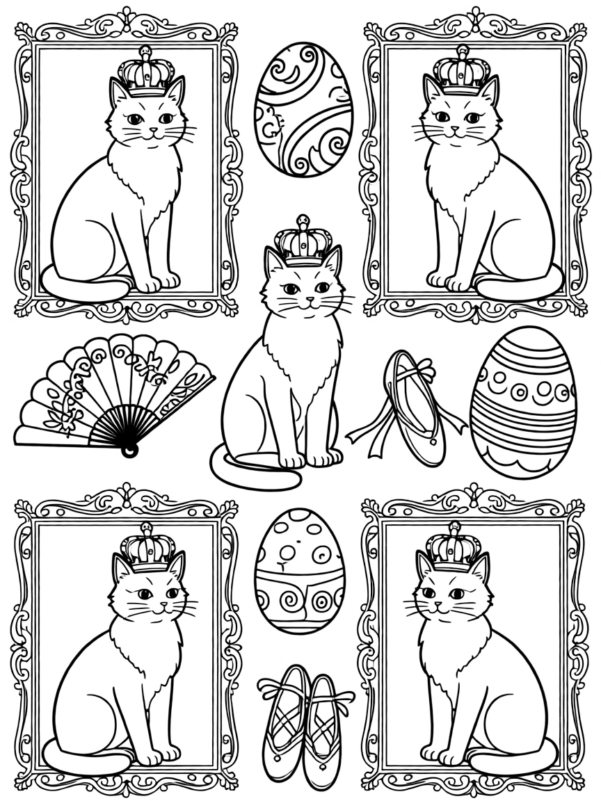 The Hermitage Museum cats with Russian imperial crowns, ornate gold frames, aristocratic fans, ballet slippers, and Faberge egg patterns