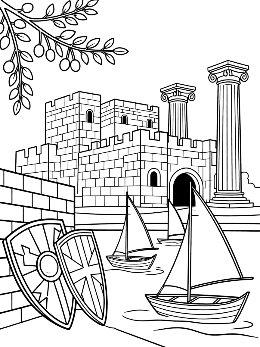 The Palace of the Grand Master in Rhodes with medieval knight shields, Greek island boats, olive tree branches, and ancient Greek columns