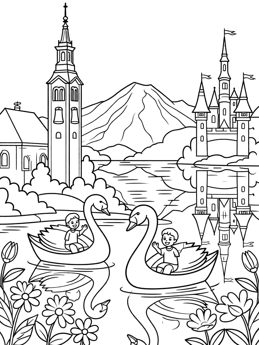 Lake Bled with swan boats, Slovenian church bells, alpine flowers, fairy tale castle towers, and mountain reflection scenes