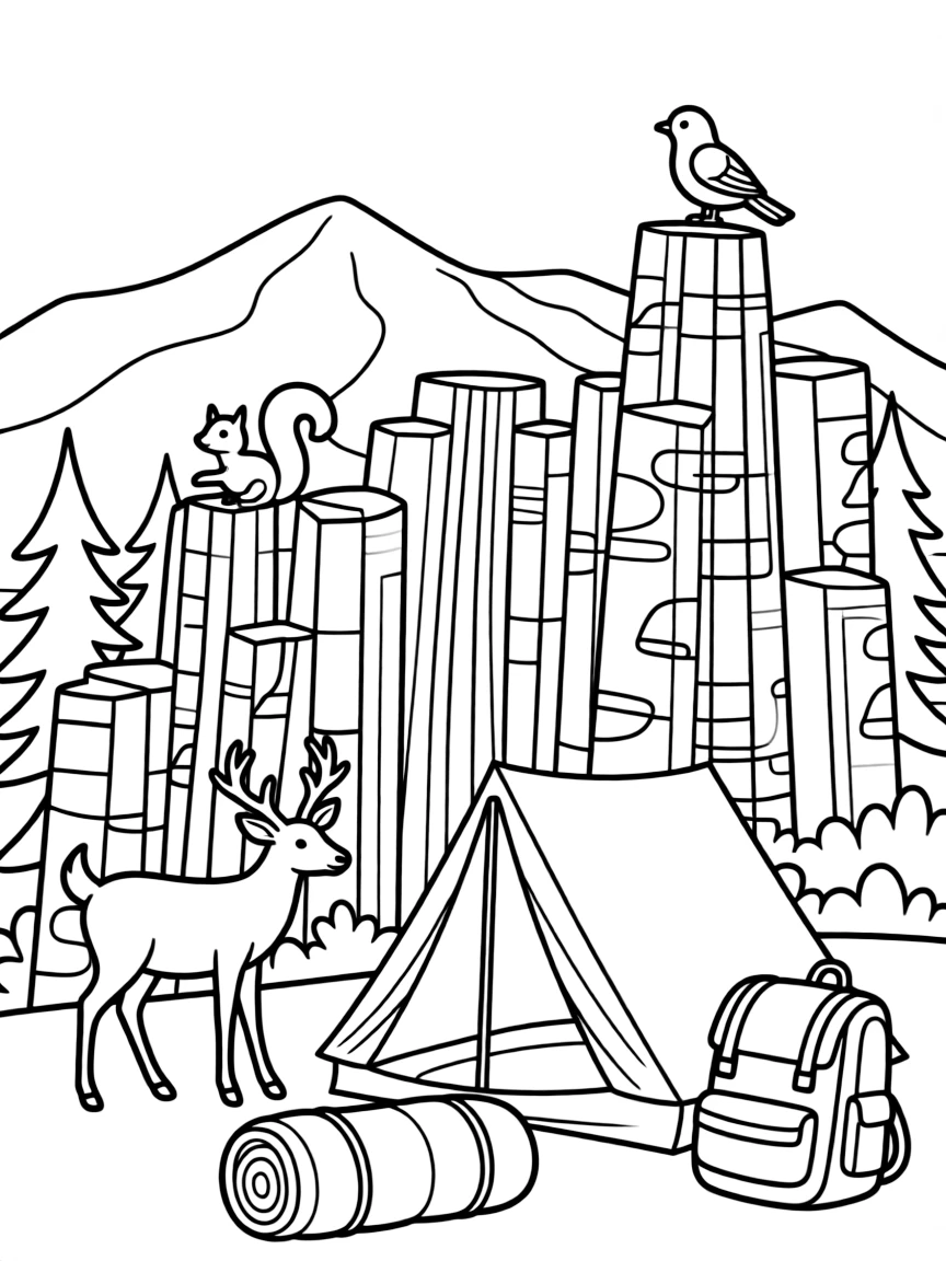Devils Postpile with geometric rock columns, Sierra Nevada mountains, camping gear, wilderness animals, and natural stone patterns