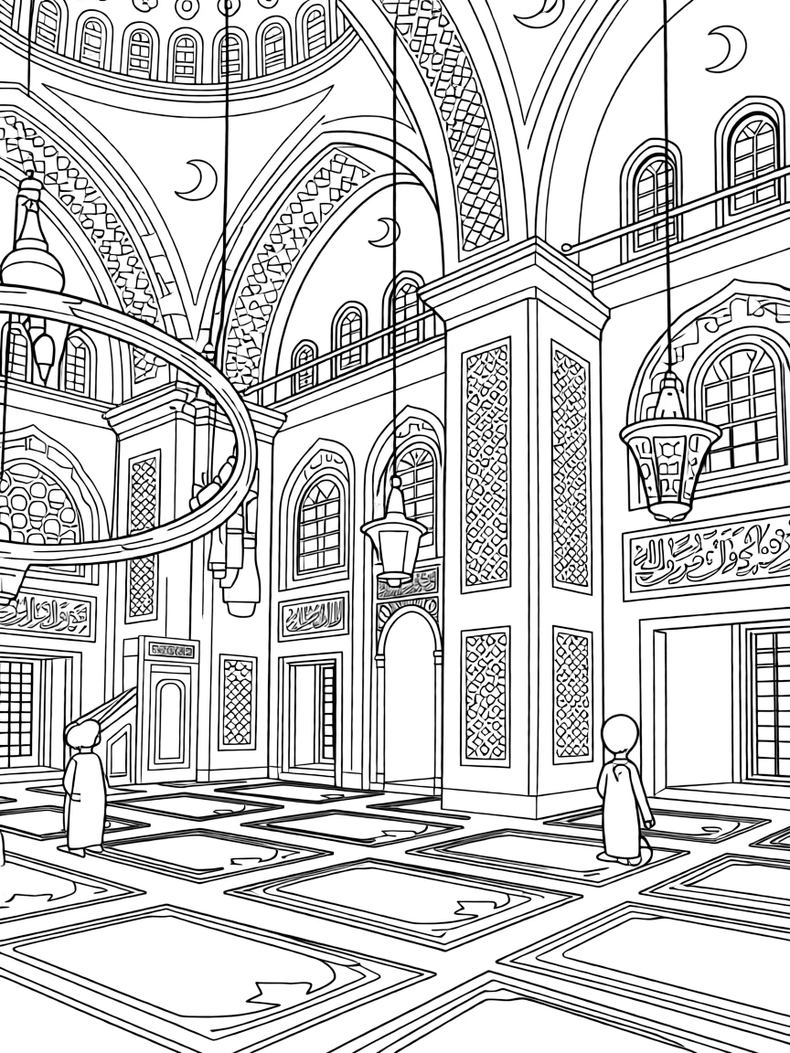 The Blue Mosque interior with Islamic geometric patterns, prayer rugs, crescent moon symbols, Turkish lamps, and calligraphy decorations