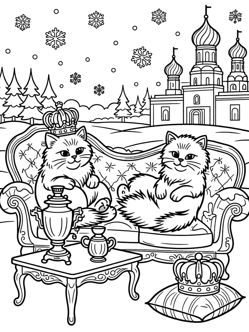 The Hermitage cats lounging with Russian samovar tea sets, imperial crowns, ornate furniture, snow-covered palace grounds