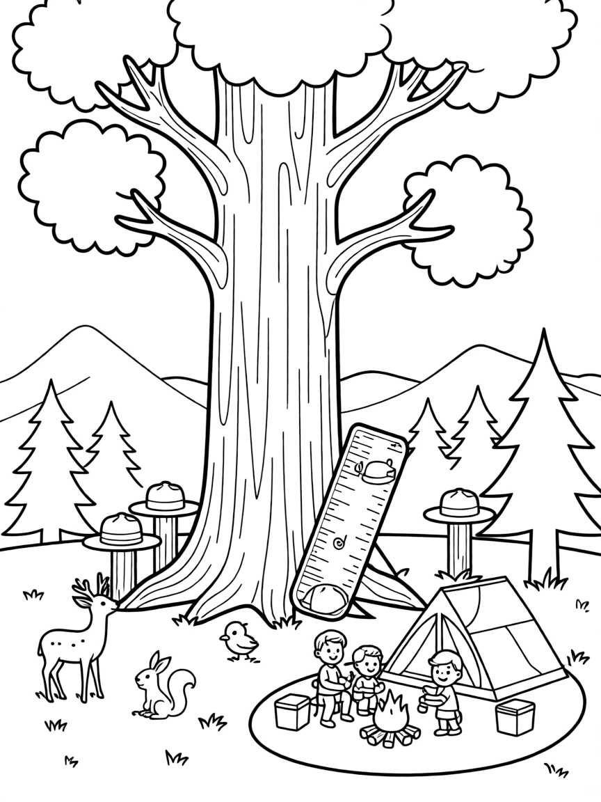Sequoia National Park's General Sherman tree with park ranger hats, giant tree measuring tapes, forest animals, and camping families