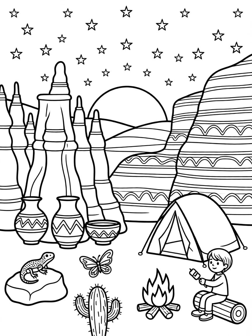 Bryce Canyon's hoodoos with Native American pottery, desert wildlife, camping scenes under stars, and red rock formation patterns