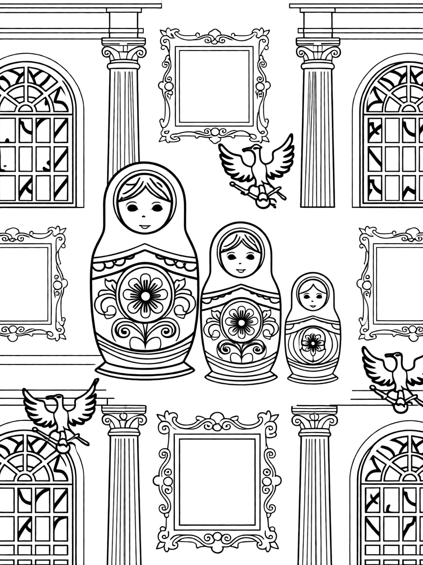 The Hermitage Museum treasures with Russian nested dolls, imperial eagle symbols, ornate picture frames, and palace architecture details