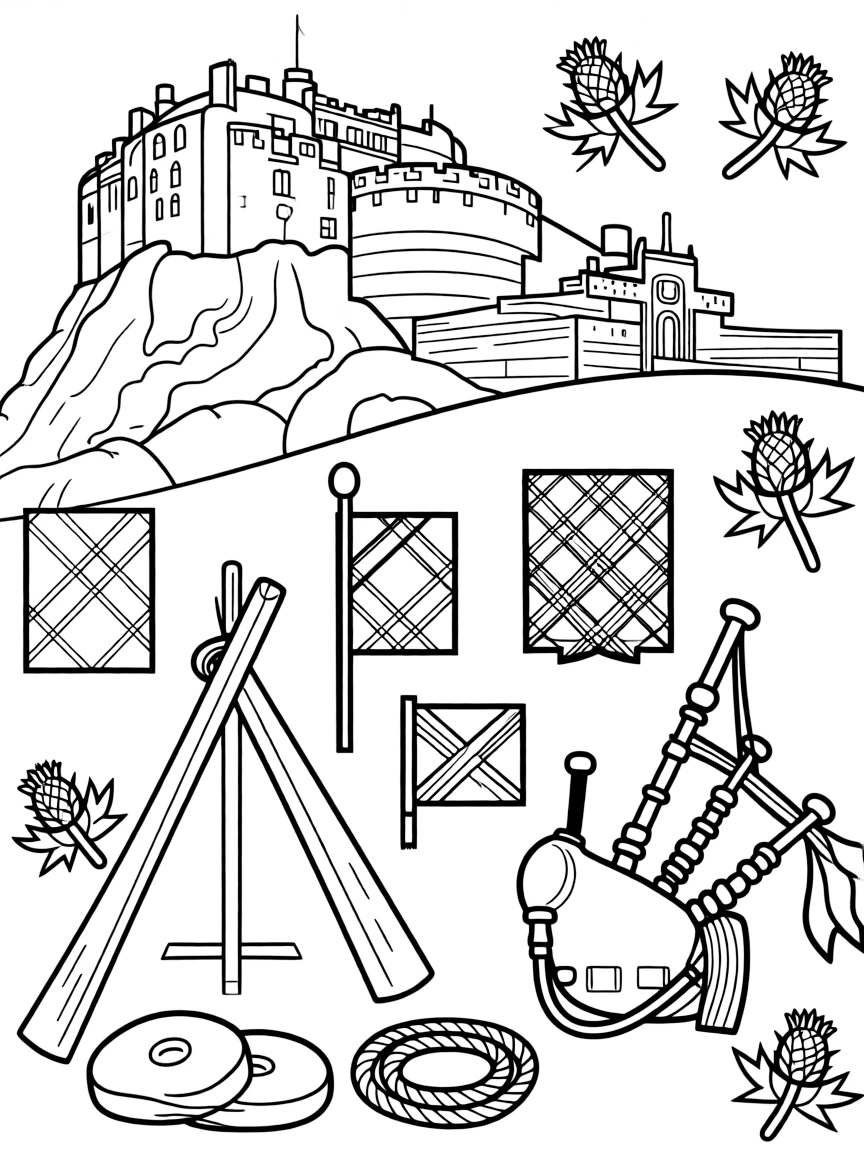 Edinburgh Castle on the Royal Mile with Scottish Highland games equipment, clan tartans, bagpipe decorations, and thistle symbols