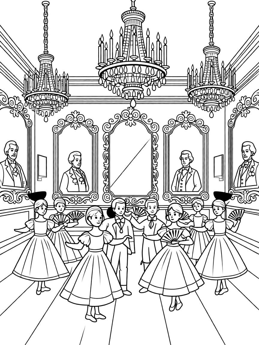 The Hermitage Palace ballroom with Russian waltz dancers, crystal chandeliers, ornate mirrors, aristocratic fans, and imperial portraits