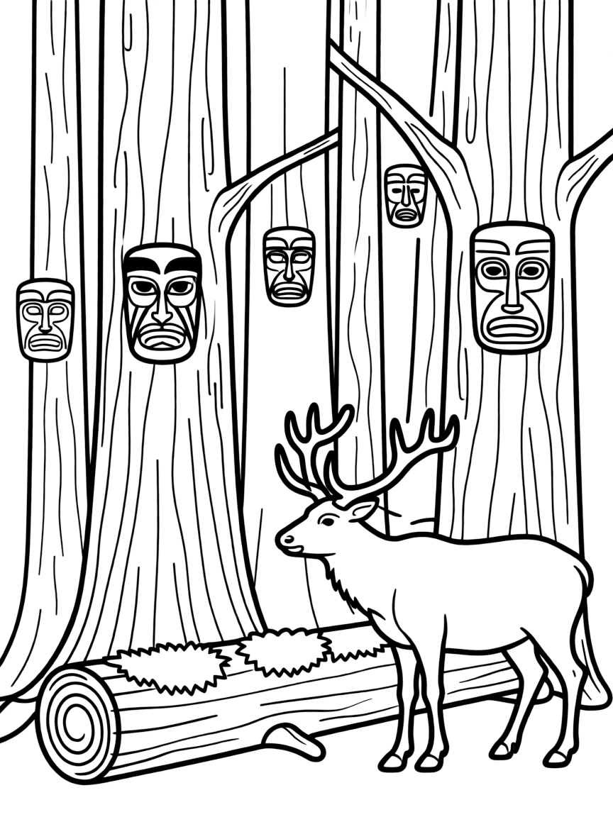 Olympic Peninsula rainforest with Pacific Northwest Native American masks, old growth trees, Roosevelt elk, and moss-covered logs