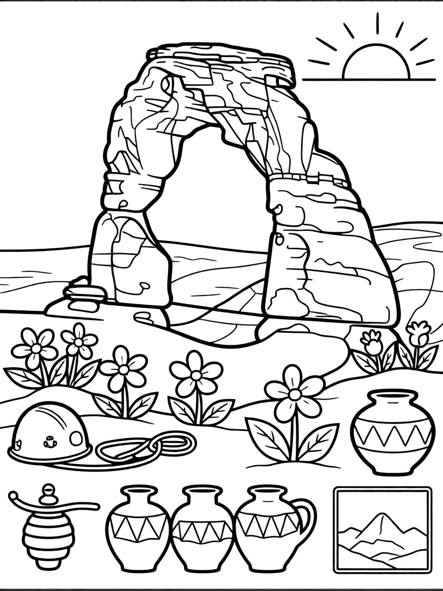 Arches National Park's Delicate Arch with desert wildflowers, red rock climbing gear, Utah state symbols, and southwestern pottery