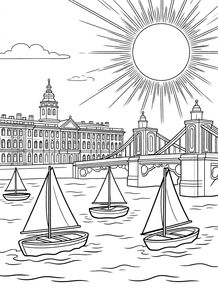 The Hermitage White Nights with Russian midnight sun, palace silhouettes, Neva River boats, and St. Petersburg bridge decorations