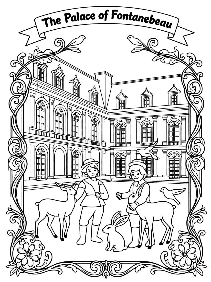 The Palace of Fontainebleau with French hunting scenes, royal forest animals, Renaissance art frames, and Loire Valley château elements