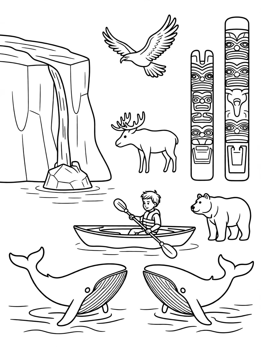 Glacier Bay with humpback whales, ice calving scenes, Alaskan totem poles, kayaking adventures, and northern wildlife silhouettes