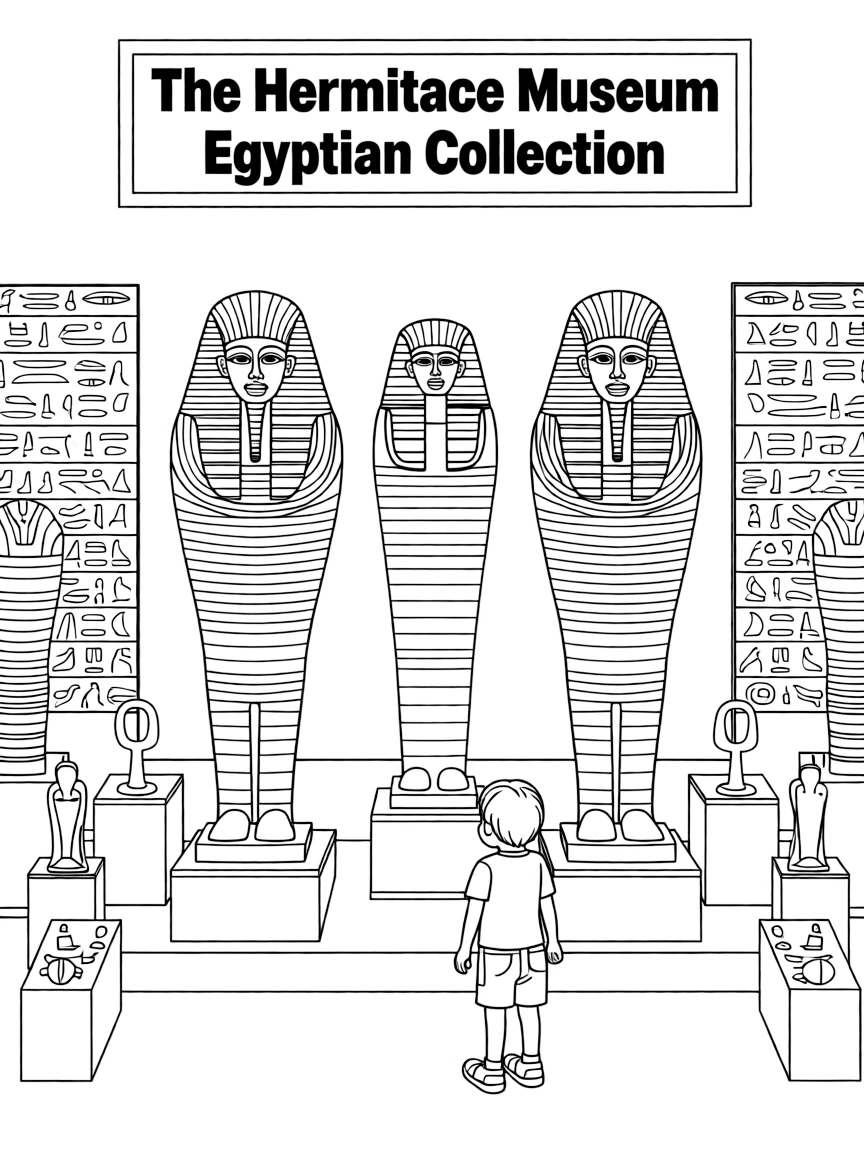 The Hermitage Museum Egyptian collection with pharaoh symbols, mummy cases, hieroglyphic decorations, and ancient artifact displays