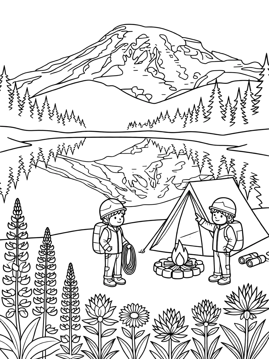Mount Rainier with alpine wildflowers, mountain climbing gear, Pacific Northwest camping scenes, and snow-capped peak reflections