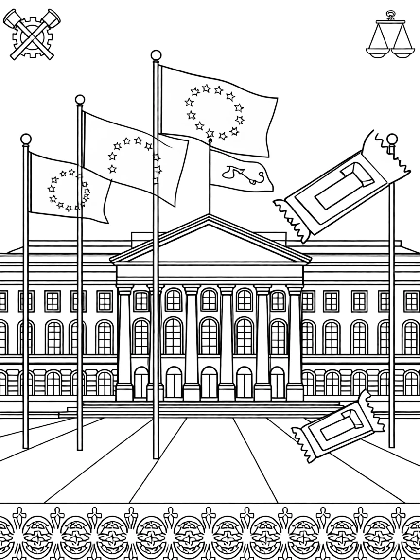 The Palace of Justice in Brussels with European Union flags, Belgian lace patterns, chocolate wrapper designs, and medieval guild symbols