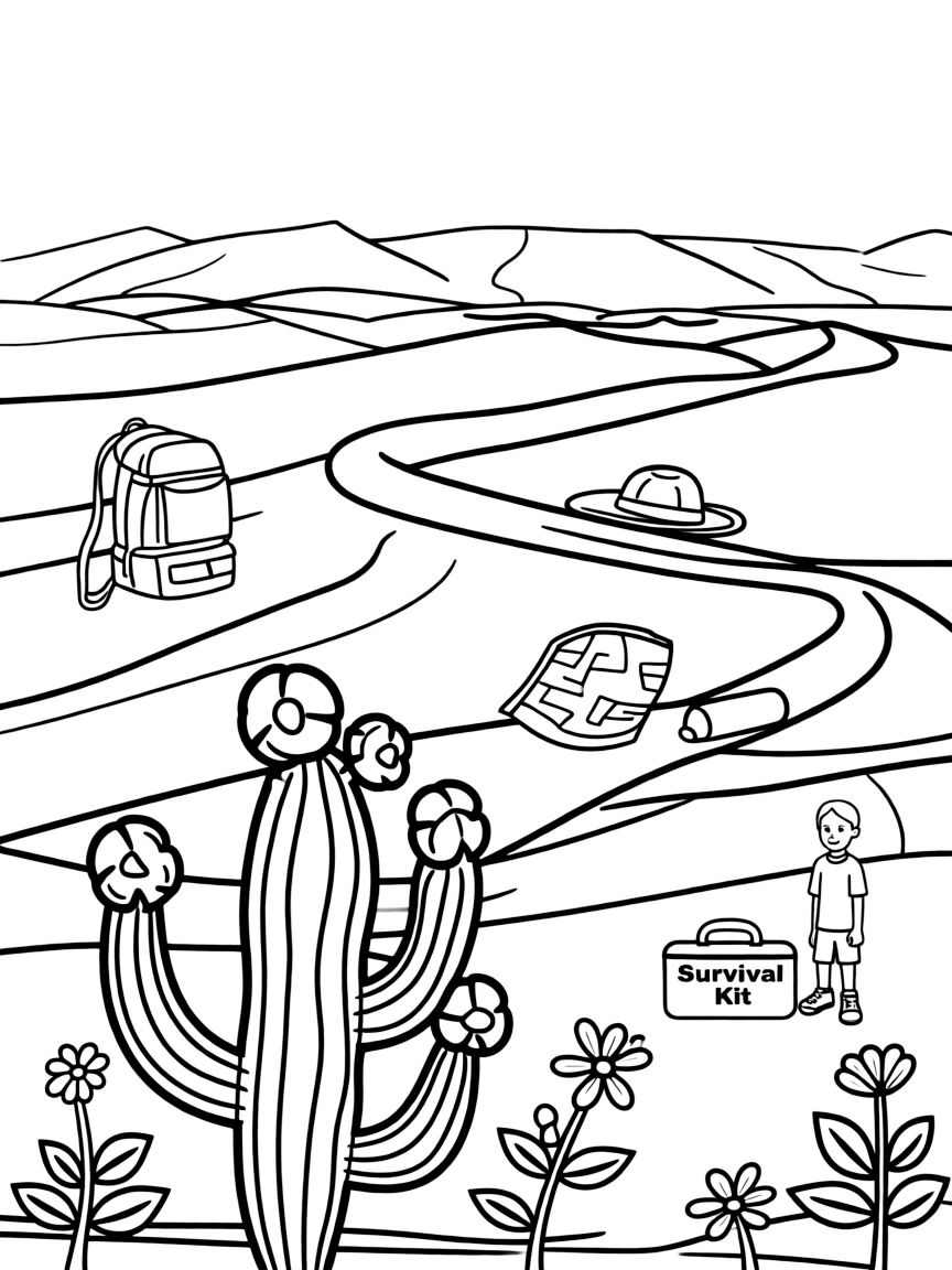 Death Valley's sand dunes with desert survival gear, cactus flowers, Death Valley wildflowers, and extreme landscape survival scenes