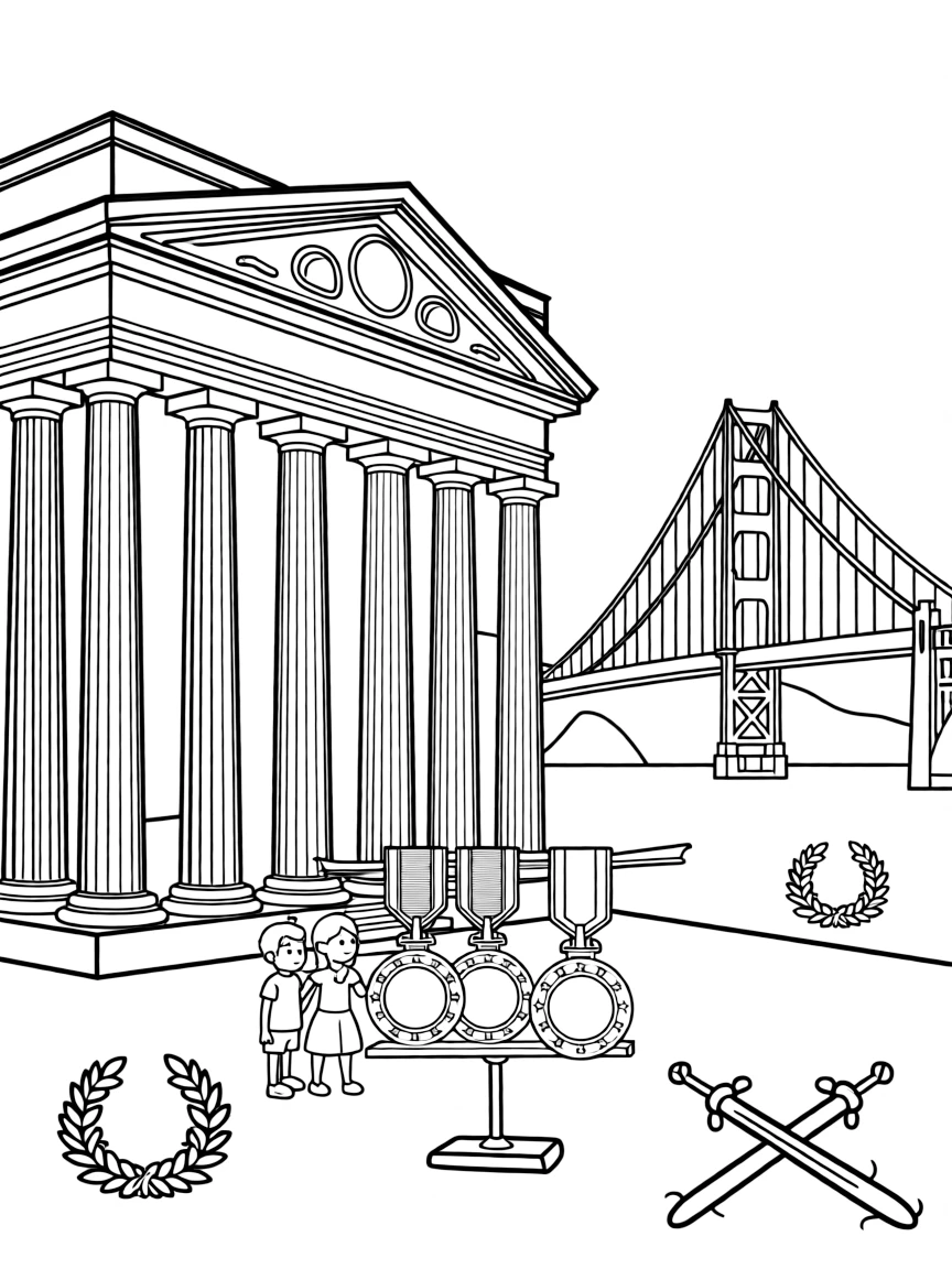 The Palace of the Legion of Honor with military medals, San Francisco Golden Gate views, classical architecture, and war memorial symbols