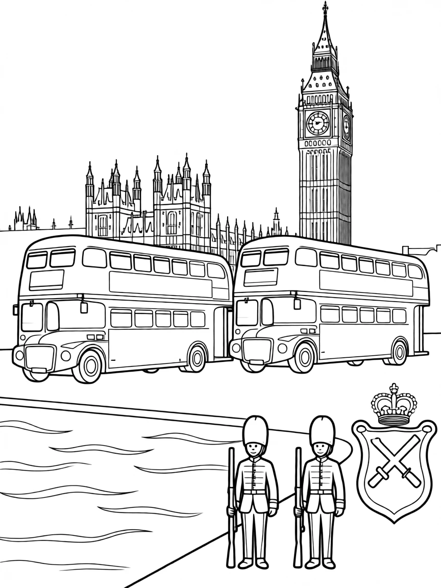 The Palace of Westminster's Big Ben with London double-decker buses, Thames River scenes, British royal guards, and parliamentary symbols