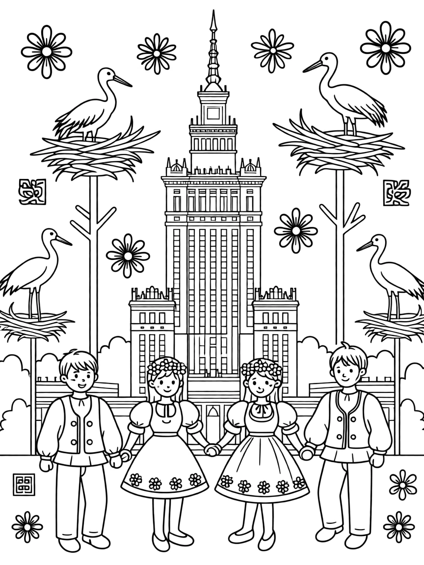 The Palace of Culture and Science in Warsaw with Polish folk dancers, traditional embroidery, stork nests, and Eastern European architecture