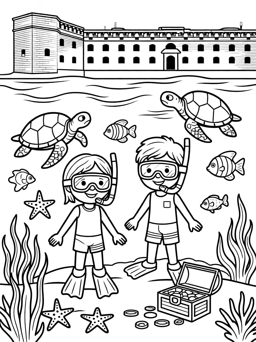 Dry Tortugas with sea turtles, historic fort walls, snorkeling gear, Florida Keys wildlife, and underwater treasure hunting scenes