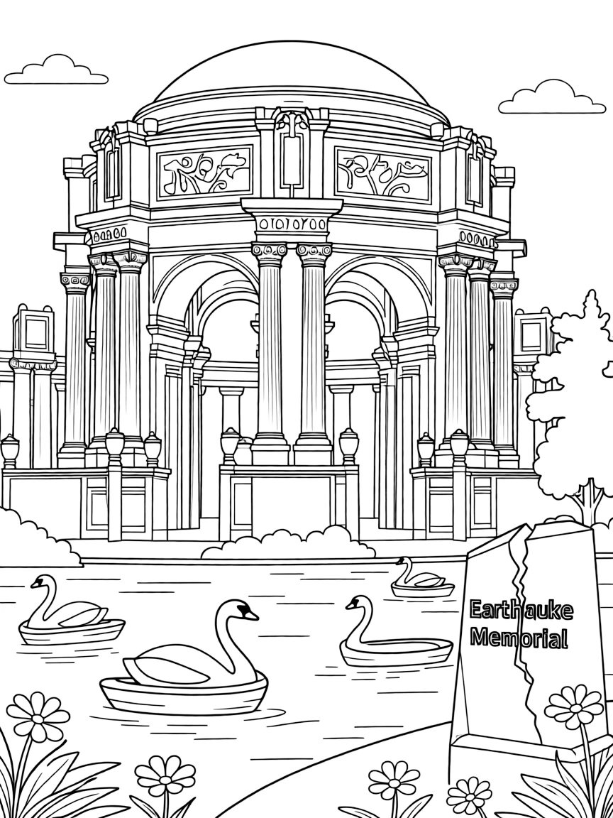 The Palace of Fine Arts in San Francisco with swan boats, Roman architecture, earthquake memorial symbols, and California golden poppies