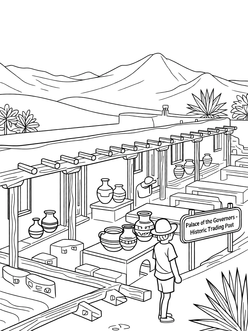 The Palace of the Governors with Native American pottery, adobe architecture, Spanish colonial elements, and southwestern trading post scenes